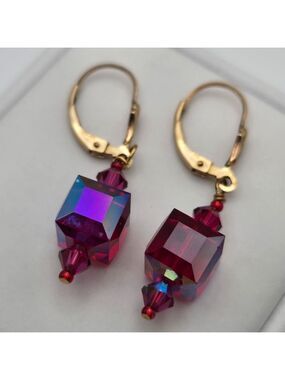Red Crystal Dangle Vintage 14K GP Earrings Stunning Light-Catching Design
